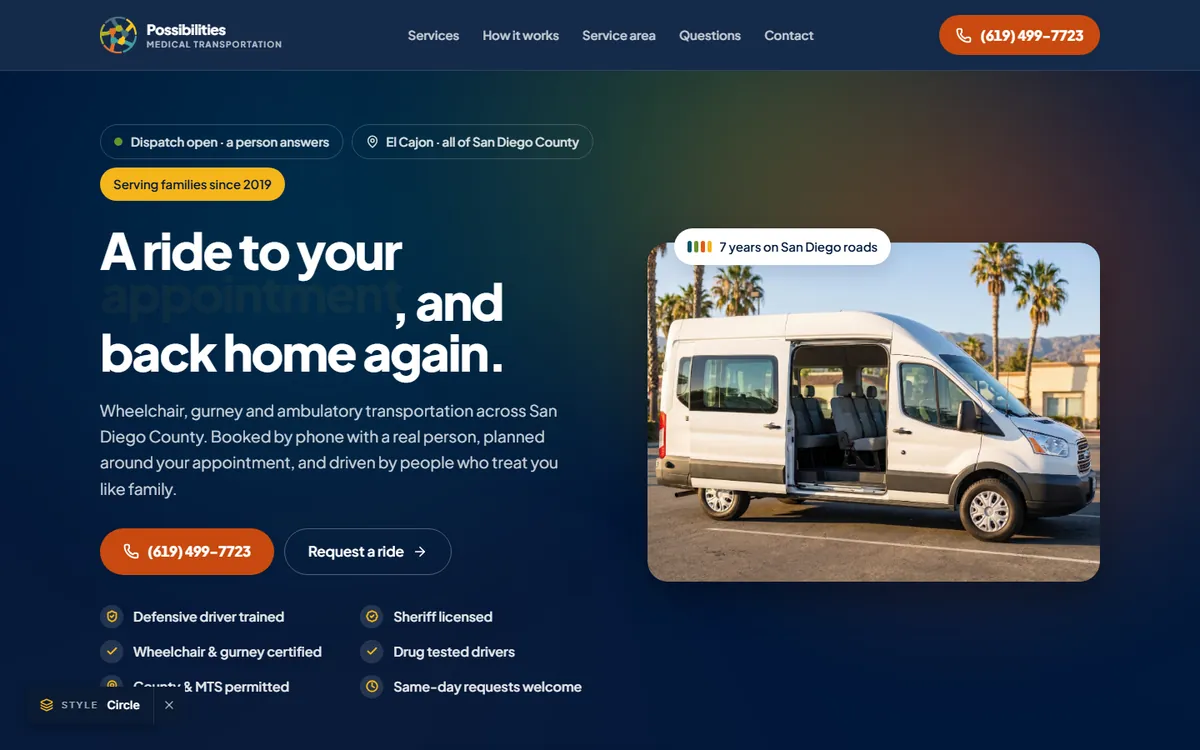 Possibilities Medical Transportation website, desktop view